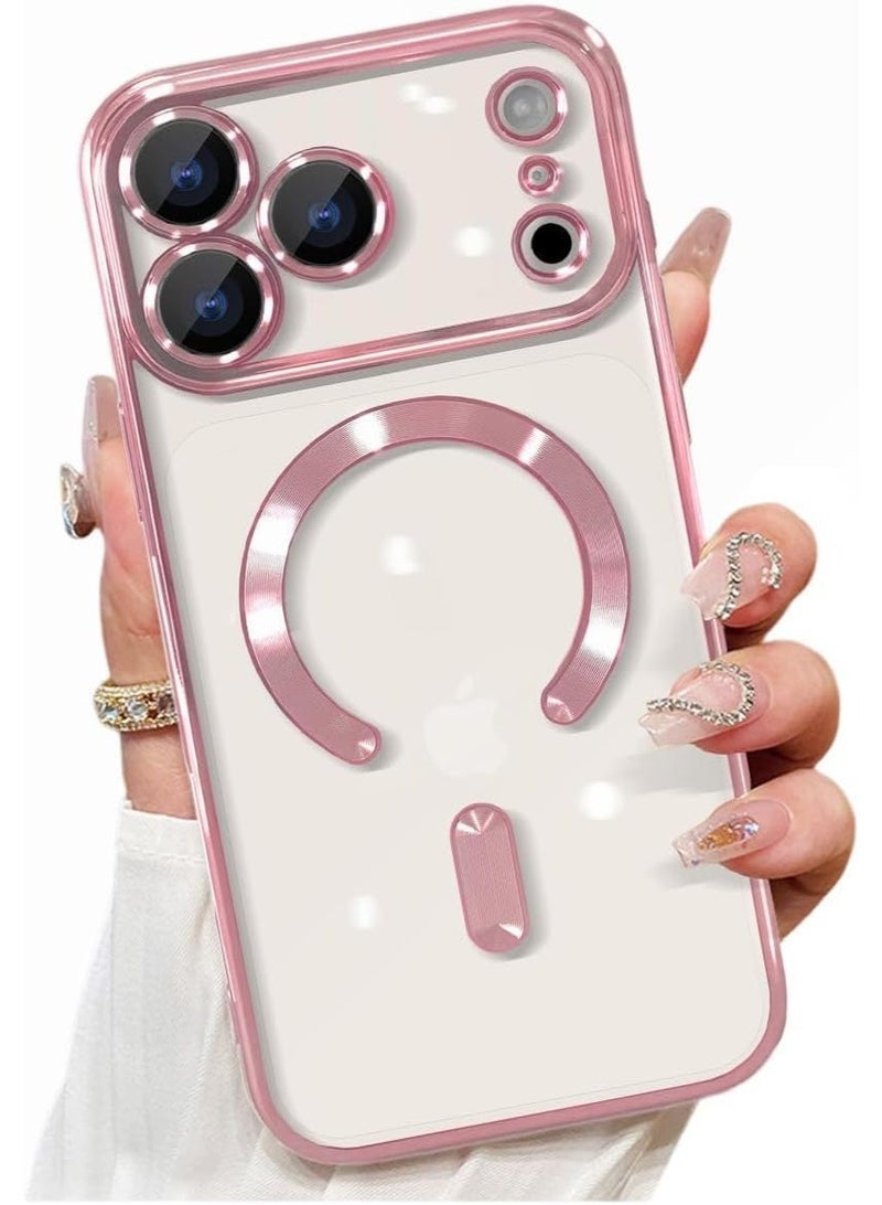 Magnetic Case Made for iPhone 17 PRO MAX  Built-in Camera Lens Protector  Compatible with MagSafe Soft TPU Anti-Scratch Shockproof Protective Slim Clear Case for Women Men - PINK - Image 1